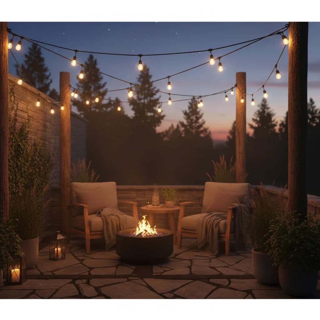 Commercial patio string lights installed above an outdoor fire-pit seating area