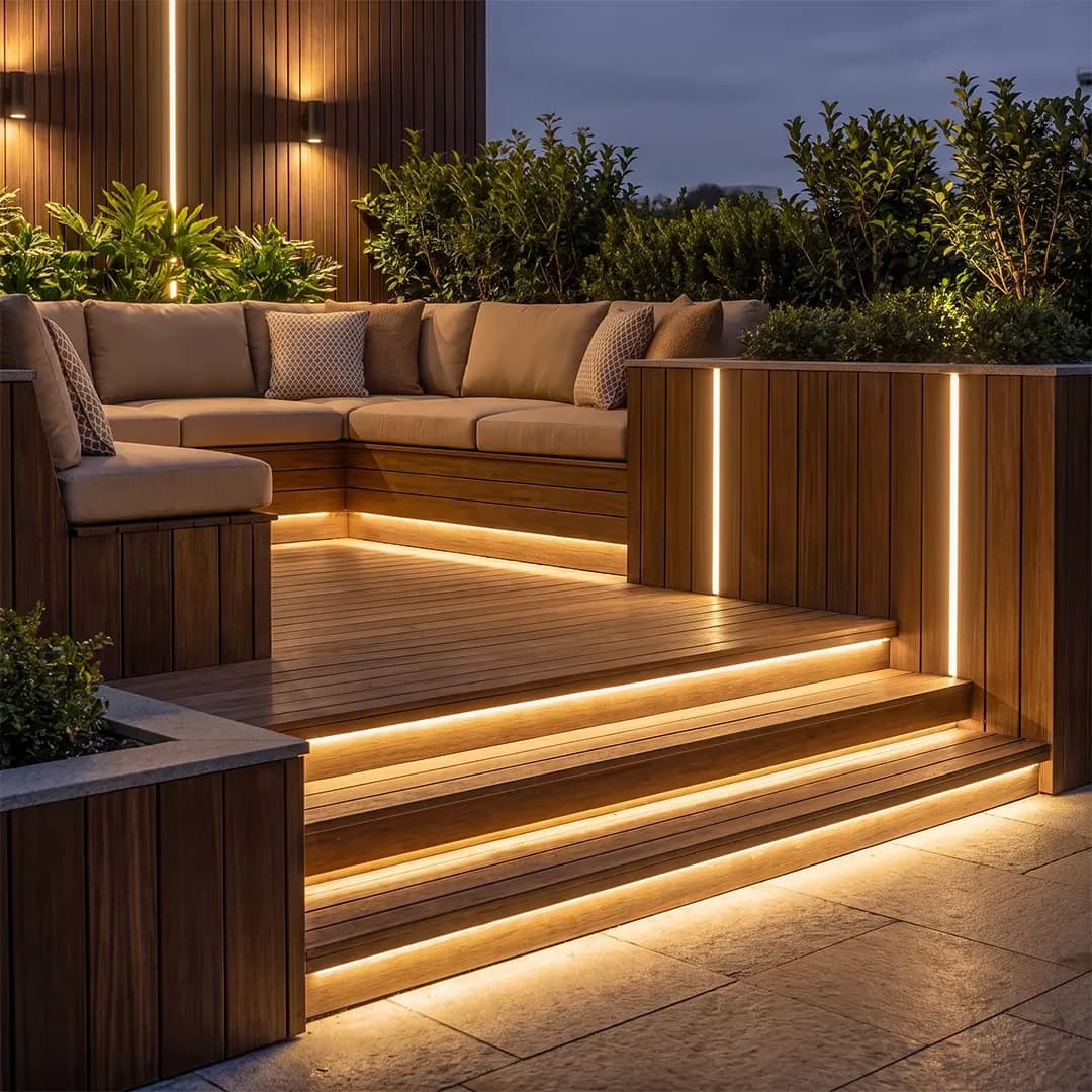 Warm-white LED strip lighting installed beneath outdoor stair treads