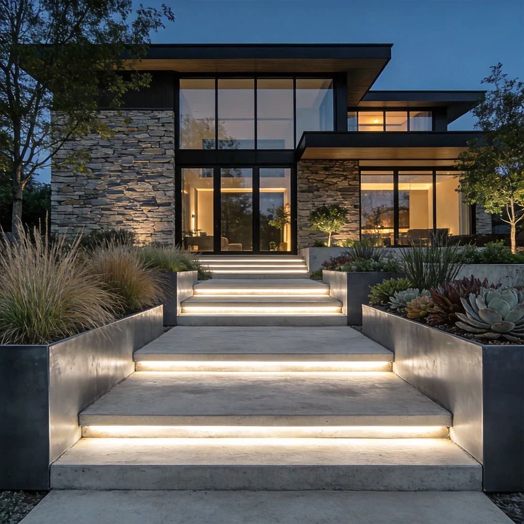 Warm-white architectural LED strip lighting on modern entrance steps