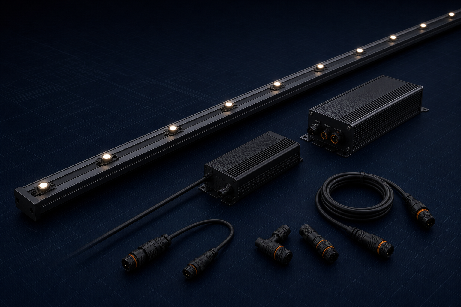 Installer-ready permanent lighting channel, controller, power, cables, and connectors