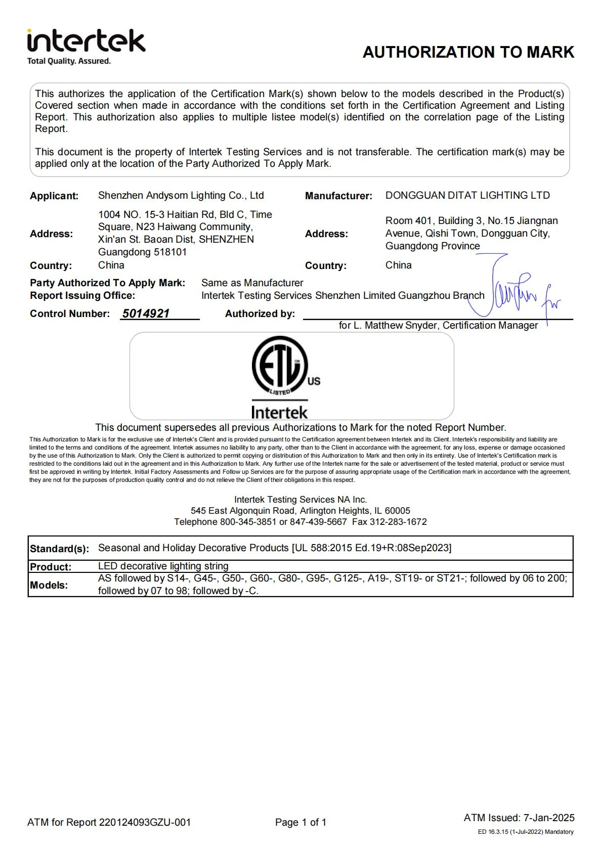 ETL certificate for E26 and E12 commercial string lights